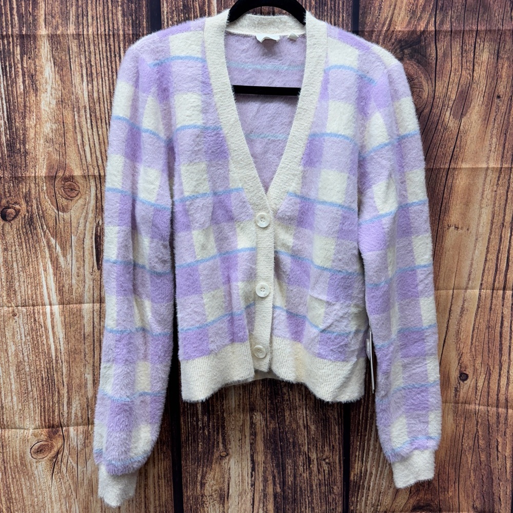 CYRUS Purple Preppy Plaid Super Soft Fluffy Cardigan Sweater Size XL